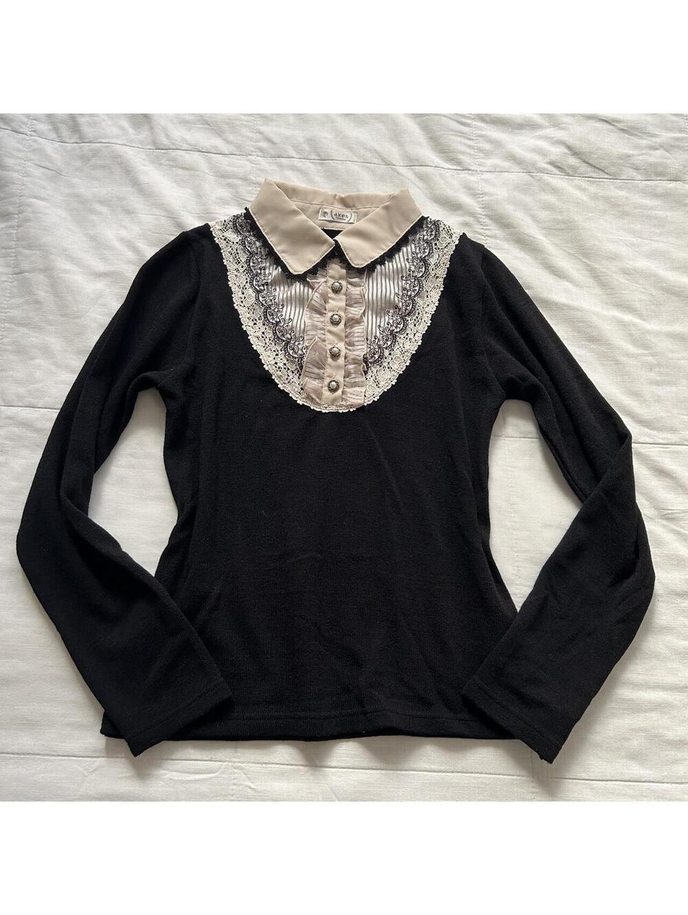 Axes Femme Black Beige Lace Pintuck Peter Pan Collar Blouse Medium Japan